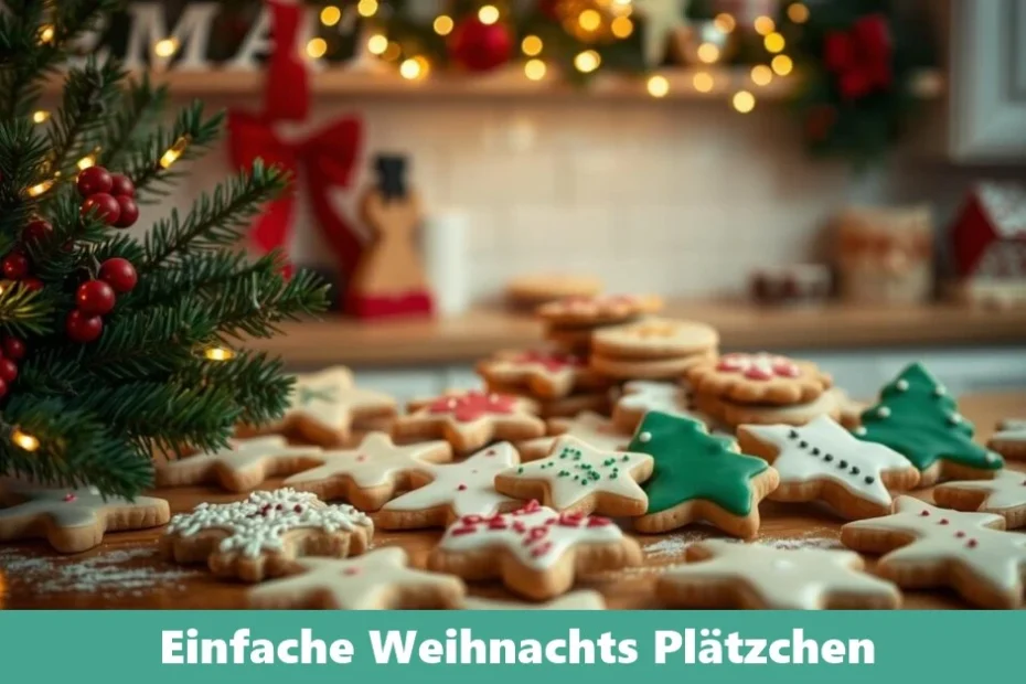 Einfach gebackene Weihnachtsplätzchen in verschiedenen Formen, mit Zuckerglasur und Streuseln verziert, auf einem Backblech.