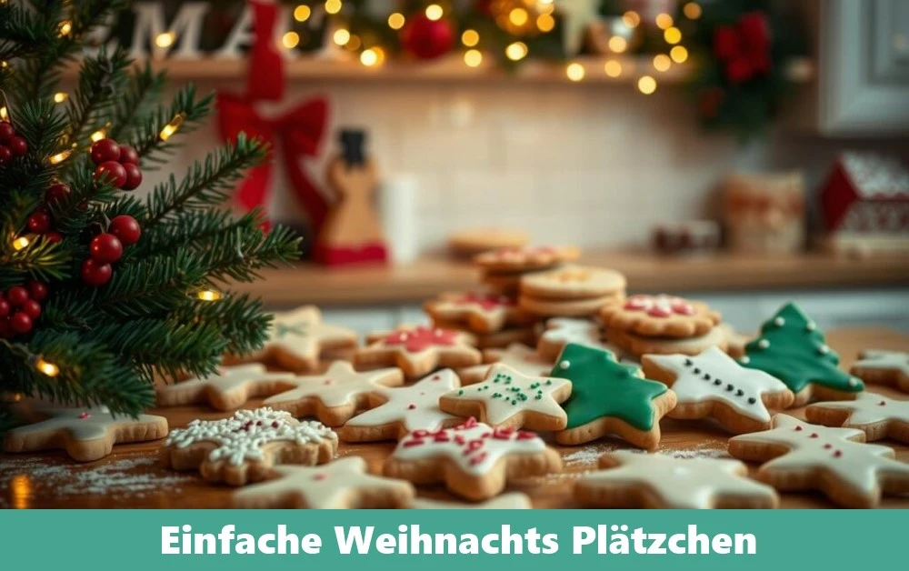 Einfach gebackene Weihnachtsplätzchen in verschiedenen Formen, mit Zuckerglasur und Streuseln verziert, auf einem Backblech.