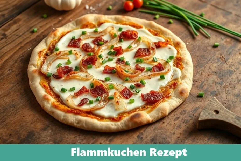 Traditioneller Flammkuchen mit knusprigem Teig, Zwiebeln und Speck