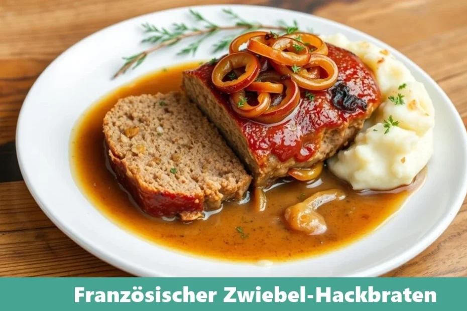 Ein köstlicher französischer Zwiebel-Hackbraten, serviert auf einem Teller mit gebräunten Zwiebeln und Kräutern, perfekt angerichtet für ein herzhaftes Essen.