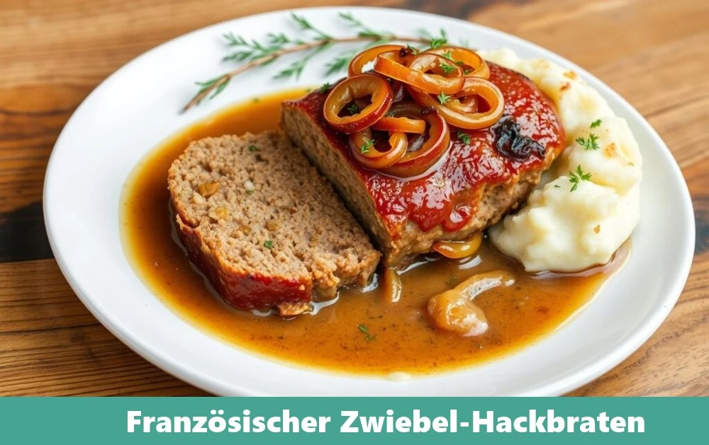 Ein köstlicher französischer Zwiebel-Hackbraten, serviert auf einem Teller mit gebräunten Zwiebeln und Kräutern, perfekt angerichtet für ein herzhaftes Essen.