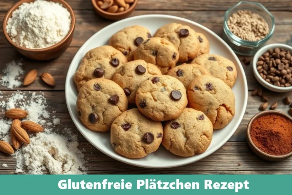 Glutenfreie Plätzchen auf einem weißen Teller, dekoriert mit Mandeln und Streuseln, auf einem Holztisch mit weihnachtlicher Dekoration.