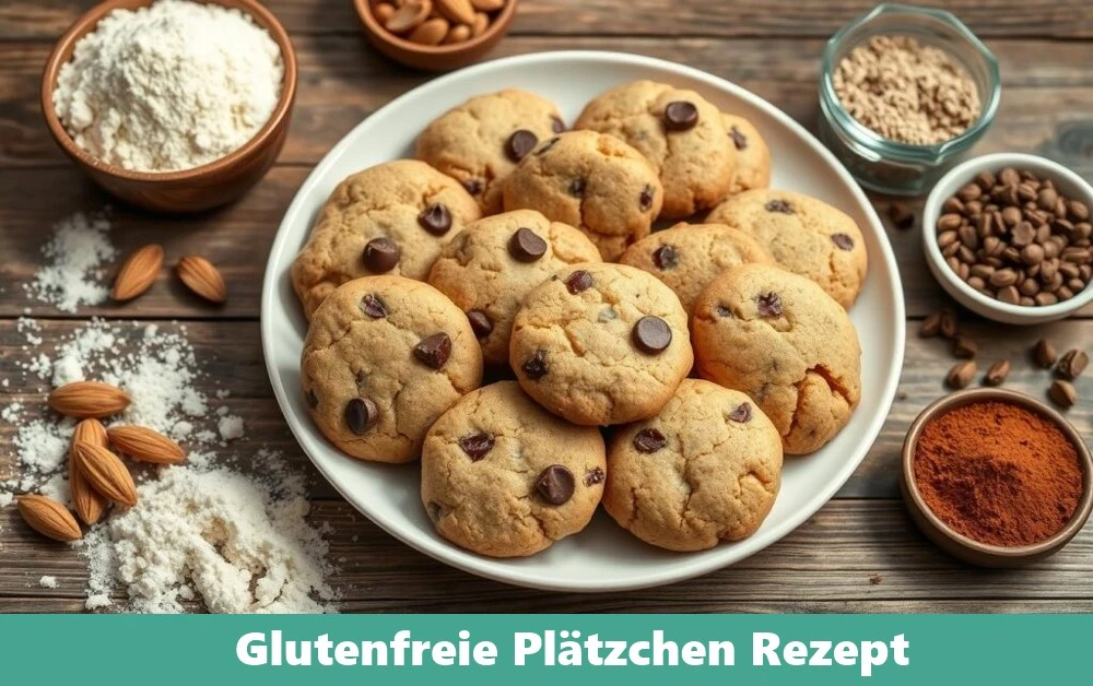 Glutenfreie Plätzchen auf einem weißen Teller, dekoriert mit Mandeln und Streuseln, auf einem Holztisch mit weihnachtlicher Dekoration.