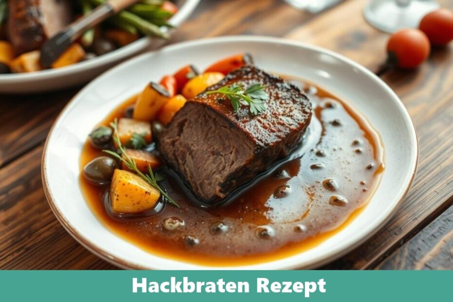 Ein saftiger Hackbraten, frisch aus dem Ofen, auf einem Holzbrett angerichtet, umgeben von Kartoffeln und Gemüse