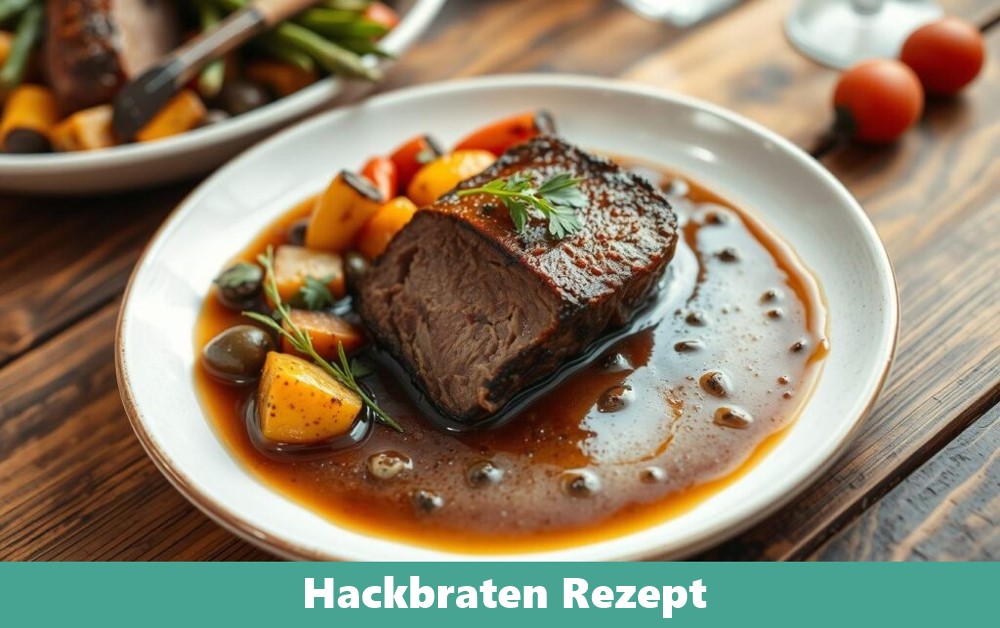 Ein saftiger Hackbraten, frisch aus dem Ofen, auf einem Holzbrett angerichtet, umgeben von Kartoffeln und Gemüse