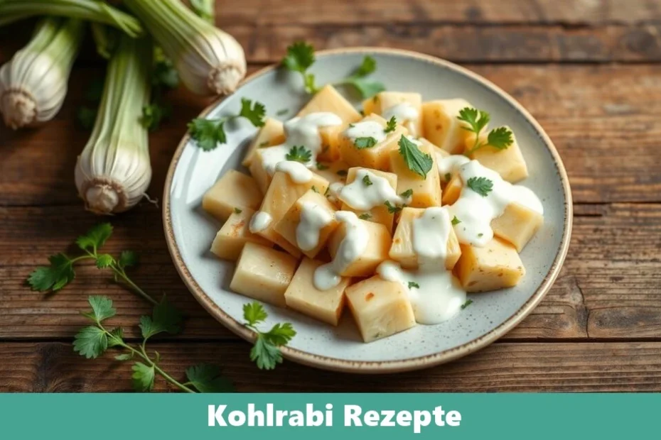 Frische Kohlrabi-Scheiben, gedünstet und serviert mit Kräutern und einer leichten Sauce