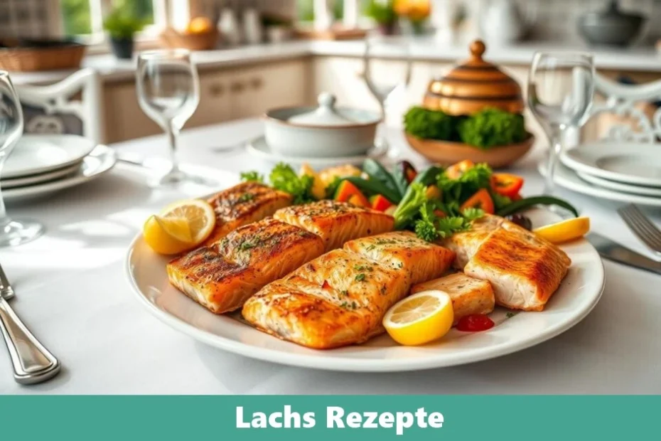 Gebratener Lachs auf einem Bett aus Gemüse mit frischen Kräutern und Zitrone serviert