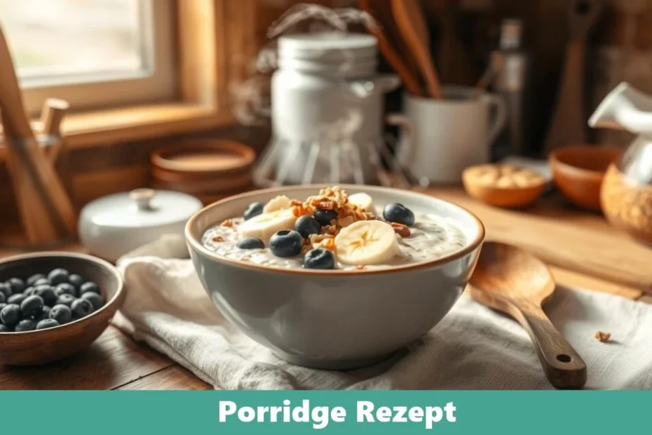 Veganes Porridge mit Haferflocken, Früchten und Nüssen als gesundes Frühstück