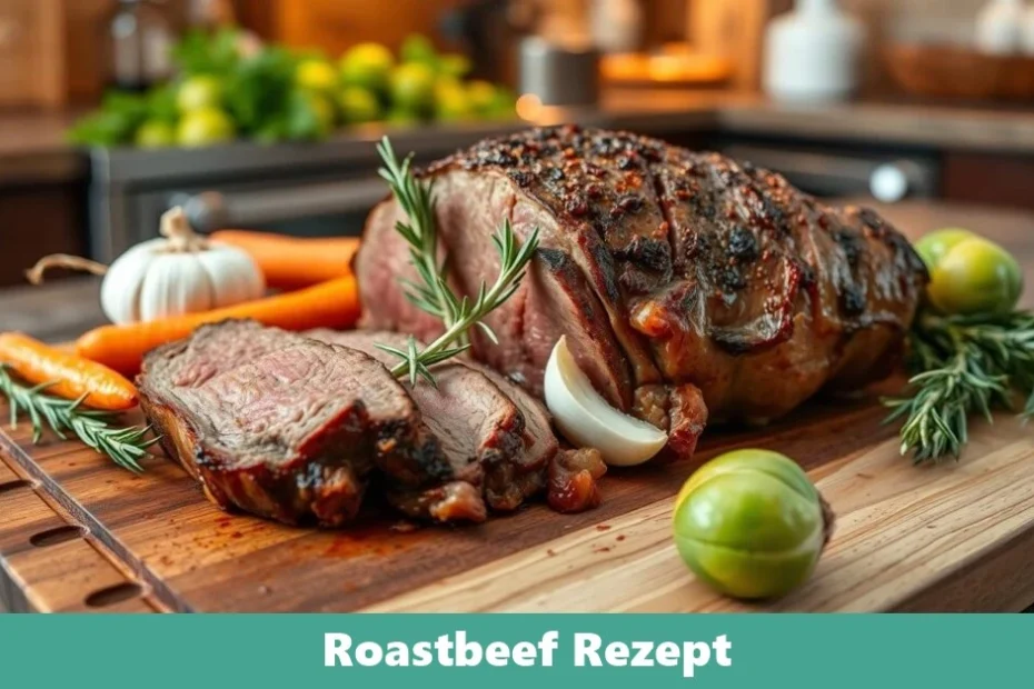 Ein perfekt gegartes Roastbeef, in dünne Scheiben geschnitten, serviert mit frischen Kräutern und einer dunklen Sauce.