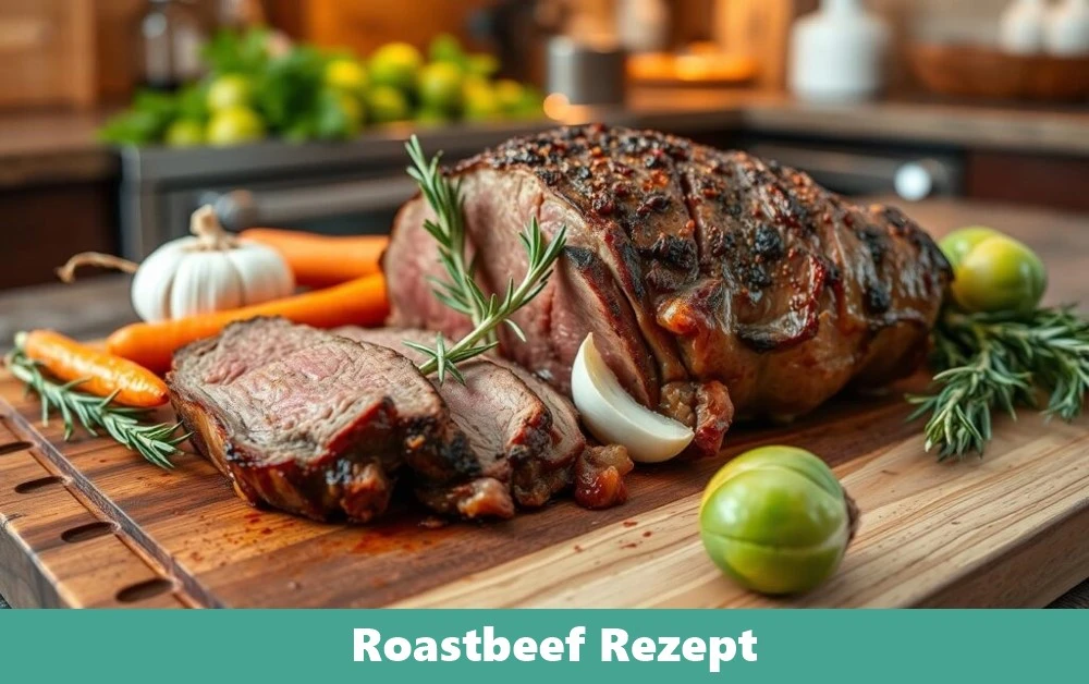 Ein perfekt gegartes Roastbeef, in dünne Scheiben geschnitten, serviert mit frischen Kräutern und einer dunklen Sauce.