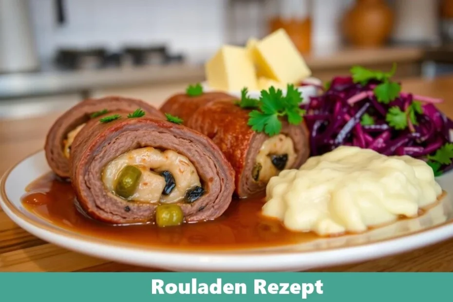 Traditionelle Rinderrouladen mit Speck, Zwiebeln und Senf, serviert in dunkler Soße