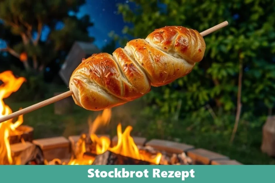 Ein frisches Stockbrot wird über offener Flamme gebacken.