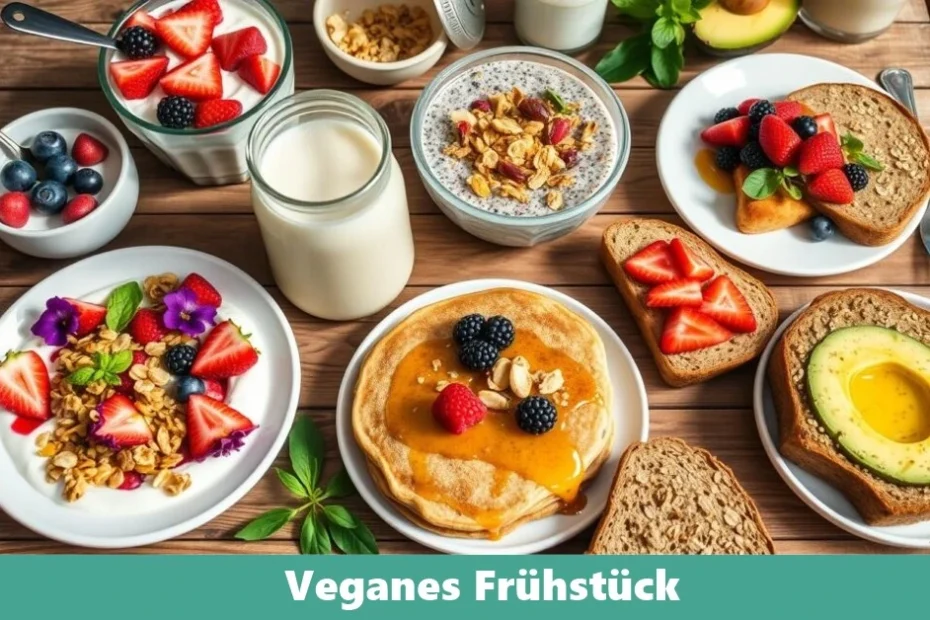 Veganes Frühstück mit frischen Früchten, Nüssen und Vollkornbrot