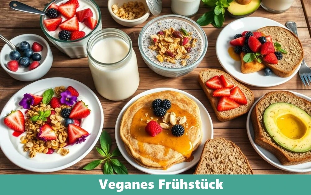 Veganes Frühstück mit frischen Früchten, Nüssen und Vollkornbrot