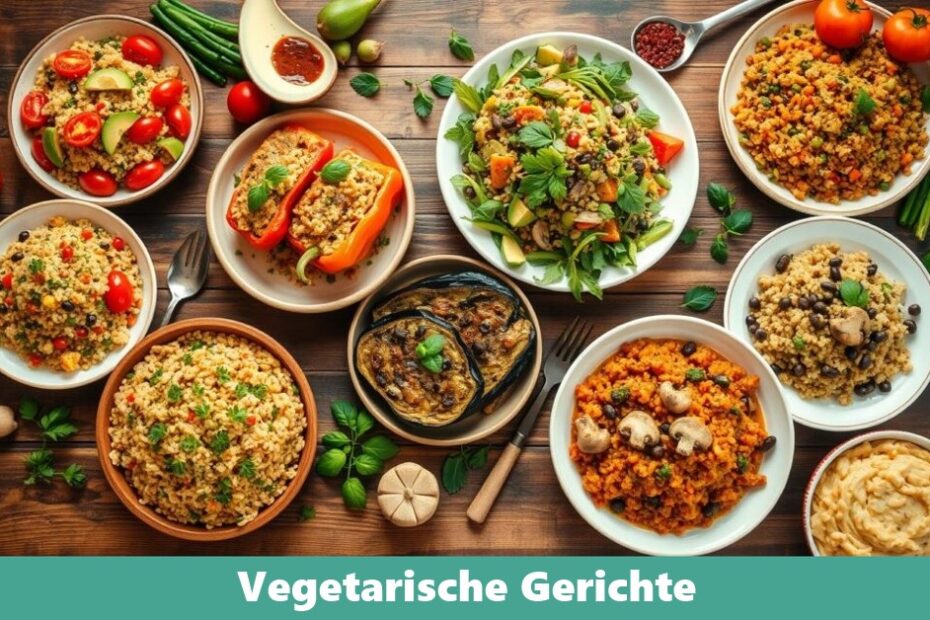 Ein Teller mit köstlichen, bunten vegetarischen Gerichten, darunter frische Gemüse und eine Auswahl an gesunden Beilagen.