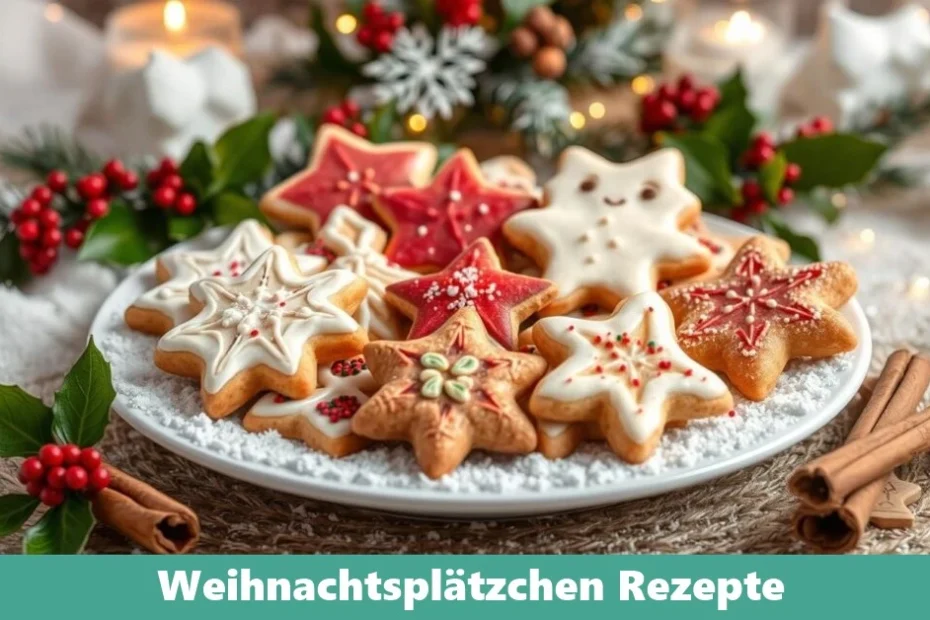 Verschiedene Weihnachtsplätzchen, dekoriert mit Zuckerguss, Streuseln und Schokolade, auf einem rustikalen Teller arrangiert.