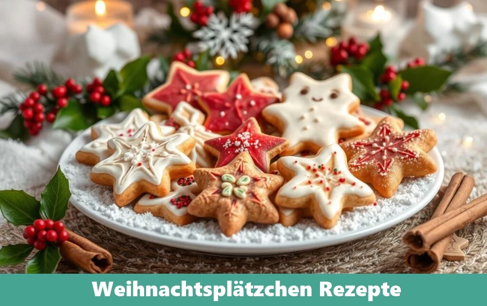 Verschiedene Weihnachtsplätzchen, dekoriert mit Zuckerguss, Streuseln und Schokolade, auf einem rustikalen Teller arrangiert.