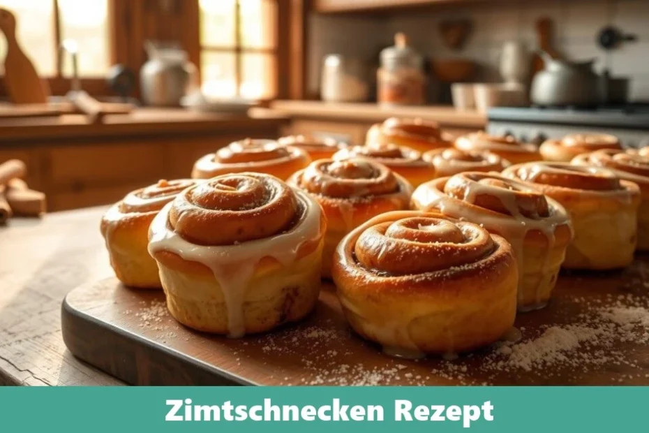 Frisch gebackene Zimtschnecken, serviert auf einem Holzbrett mit einer Glasur aus Zuckerguss.