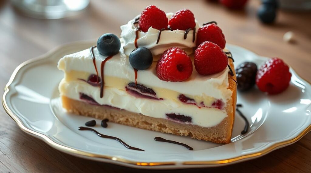 Eine Käse-Sahne-Torte mit einer fluffigen Cremefüllung und einer Schicht Puderzucker auf einem runden Teller, dekoriert mit Minzblättern. Chefkoch
