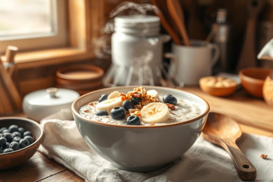 Veganes Porridge mit Haferflocken, Früchten und Nüssen als gesundes Frühstück