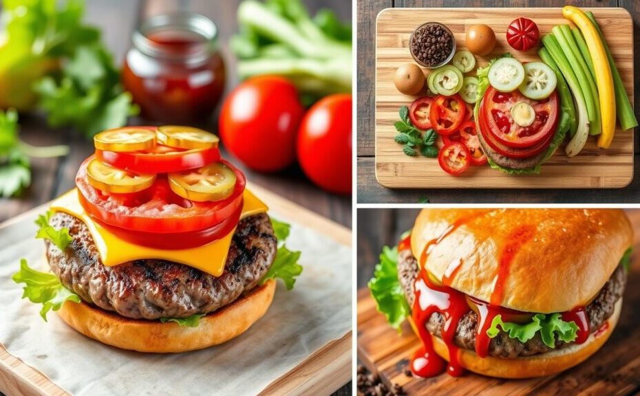 Saftiger Burger mit Rindfleisch-Patty, Käse, Salat und frischen Zutaten im Brötchen