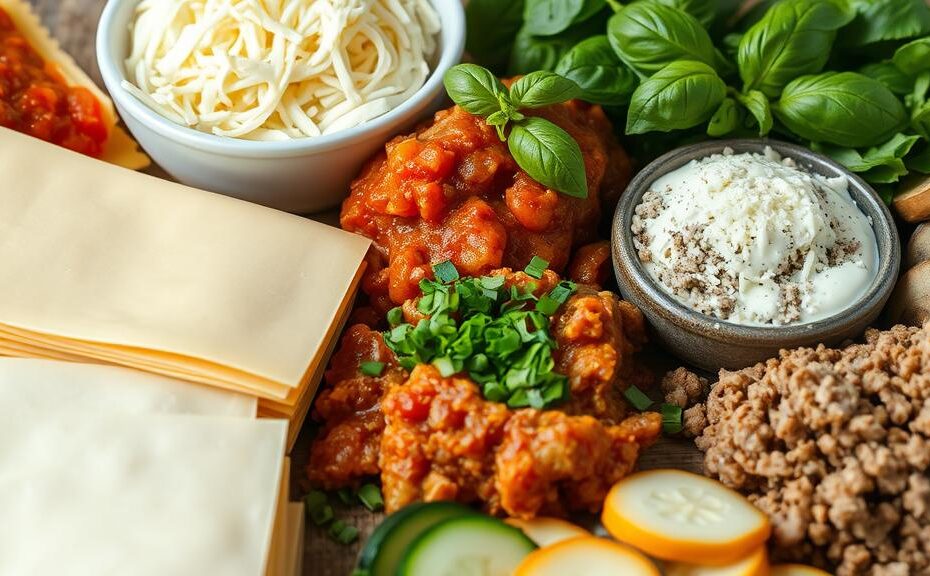 Schichtweise aufgebaute Lasagne mit goldbraun gebackener Käseschicht, dampfend aus dem Ofen serviert, dekoriert mit frischen Kräutern.