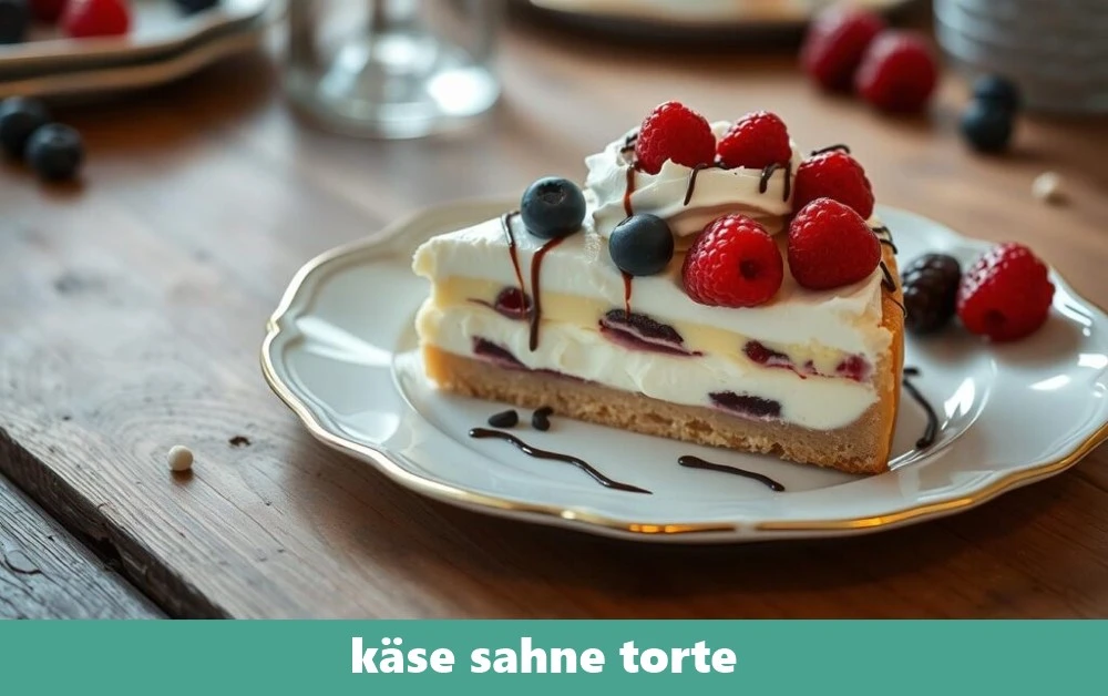 Eine Käse-Sahne-Torte mit einer fluffigen Cremefüllung und einer Schicht Puderzucker auf einem runden Teller, dekoriert mit Minzblättern.