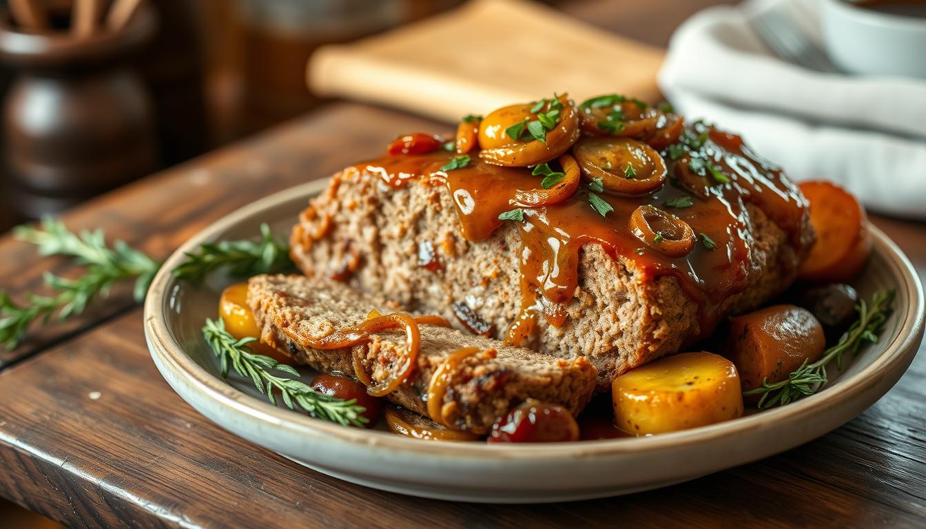 Französischer Zwiebelhackbraten auf einem Teller, serviert mit Beilagen.