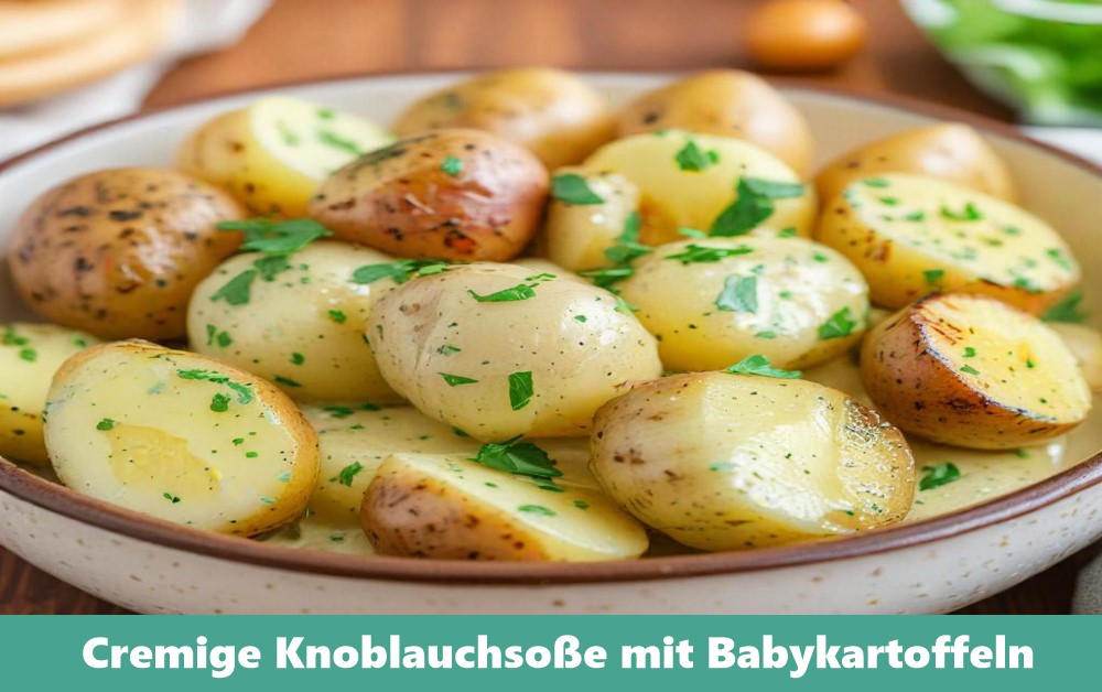 Ein Teller mit cremiger Knoblauchsoße, serviert mit goldbraun gebratenen Babykartoffeln, dekoriert mit frischen Kräutern.