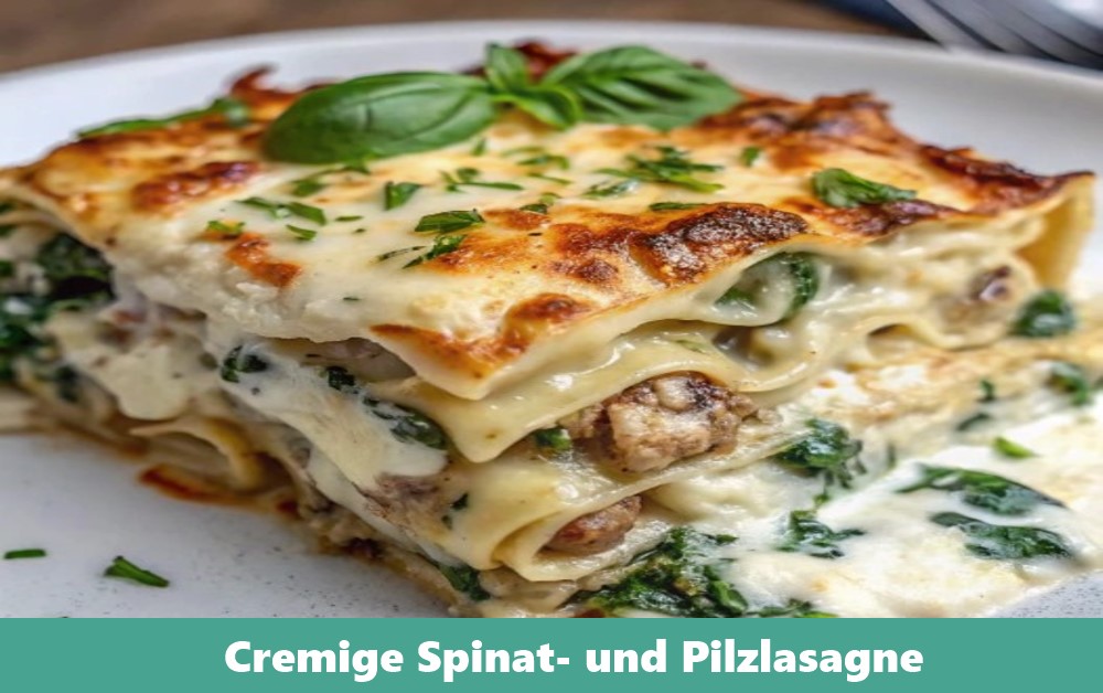 Cremige Spinat- und Pilzlasagne, geschichtet mit zartem Blattspinat, Pilzen und cremiger Sauce, frisch aus dem Ofen serviert