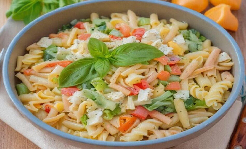 Ein Teller mit cremigem Nudelsalat, verfeinert mit würzigem Käse und frischen Kräutern, perfekt angerichtet.