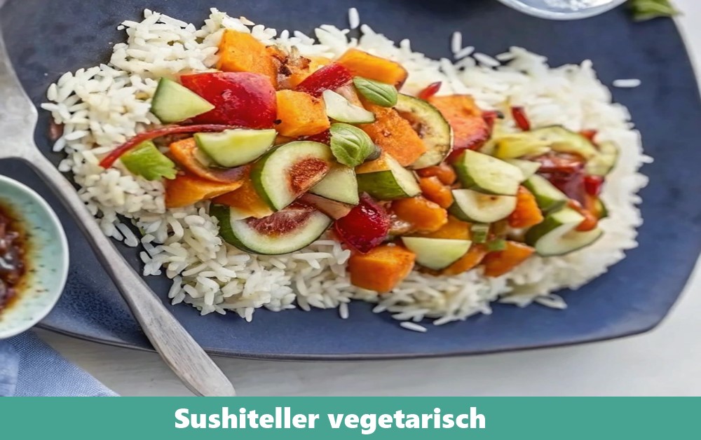 Bunter vegetarischer Sushiteller mit frischem Gemüse, Reis und Sojasauce