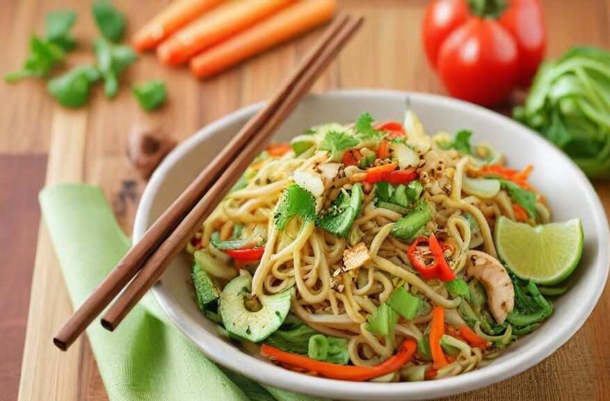 Asia-Nudelsalat mit knackigem Gemüse und würziger Dressing in einer Schüssel serviert, garniert mit frischen Kräutern und Sesam.