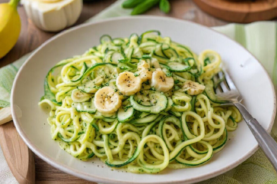 Zucchini-Nudeln mit einer leichten Tomatensauce und frischen Kräutern, angerichtet auf einem weißen Teller, perfekt für eine schnelle und einfache Mahlzeit.