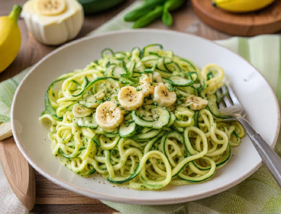 Zucchini-Nudeln mit einer leichten Tomatensauce und frischen Kräutern, angerichtet auf einem weißen Teller, perfekt für eine schnelle und einfache Mahlzeit.