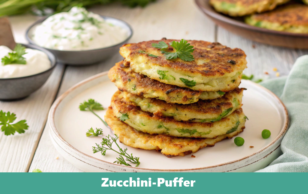 Zucchinipuffer – knusprige und goldbraune Zucchini-Fritters, serviert mit einem Klecks Sauerrahm und frischen Kräutern.