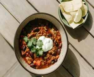 Eine Schüssel dampfendes Chilli con Carne mit saftigem Hackfleisch, Kidneybohnen und Tomaten, garniert mit frischem Koriander und Sauerrahm, serviert mit Tortilla-Chips.