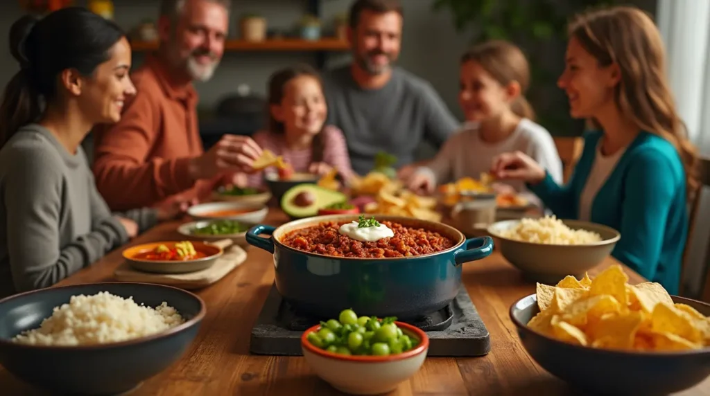 Eine gemütliche Familienszene mit einem großen Topf Chilli con Carne auf einem rustikalen Holztisch, umgeben von Reis, Tortilla-Chips und frischen Toppings wie Avocado und Sauerrahm.