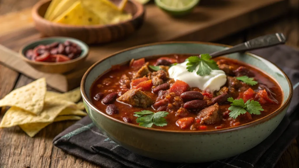Eine Schüssel dampfendes Chilli con Carne mit saftigem Hackfleisch, Kidneybohnen und Tomaten, garniert mit frischem Koriander und Sauerrahm, serviert mit Tortilla-Chips.