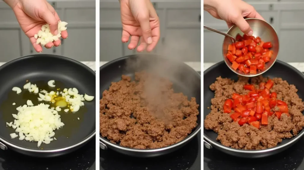 chilli con carne rezept : Eine Schritt-für-Schritt-Kochsequenz: Zwiebeln und Knoblauch in der Pfanne, Hackfleisch anbraten und Tomaten, Bohnen und Gewürze hinzufügen.