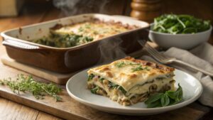 Frisch gebackene cremige Lasagne mit Blattspinat und Champignons in einer Auflaufform, daneben eine servierte Portion auf einem weißen Teller.