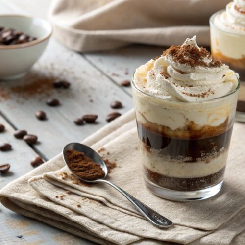 Cremiges Kaffee Dessert im Glas mit Sahnehaube und Kakaopulver, serviert auf einem Holztisch mit Kaffeebohnen-Dekor.