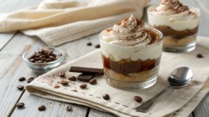 Cremiges Kaffee Dessert im Glas mit Sahnehaube und Kakaopulver, serviert auf einem Holztisch mit Kaffeebohnen-Dekor.