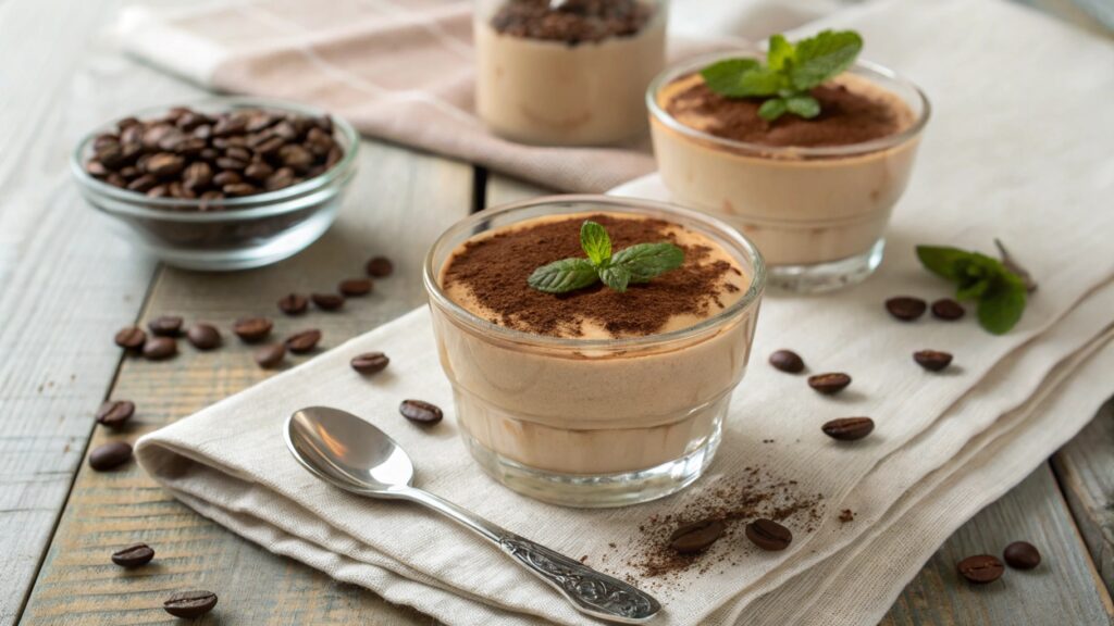 Symbolhafte Darstellung der Vorteile von Kaffeecreme: schnelles Dessert, halal, familienfreundlich
