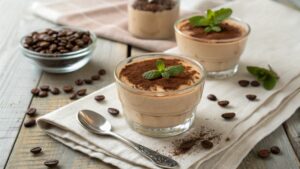 Symbolhafte Darstellung der Vorteile von Kaffeecreme: schnelles Dessert, halal, familienfreundlich