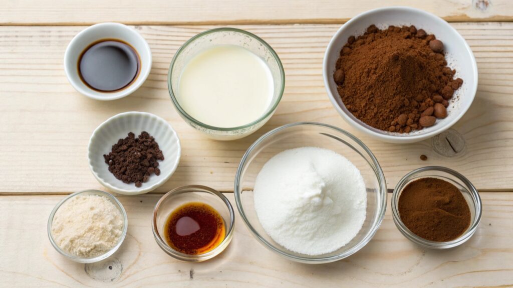 Zutaten für Kaffeecreme flach auf Holztisch arrangiert – Milch, Sahne, Espresso, Vanille, Zucker, Stärke